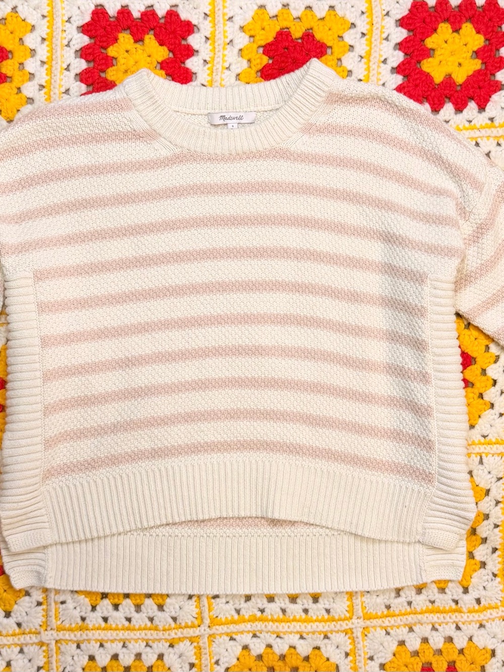 Madewell Cream and Blush Striped Crewneck Sweater